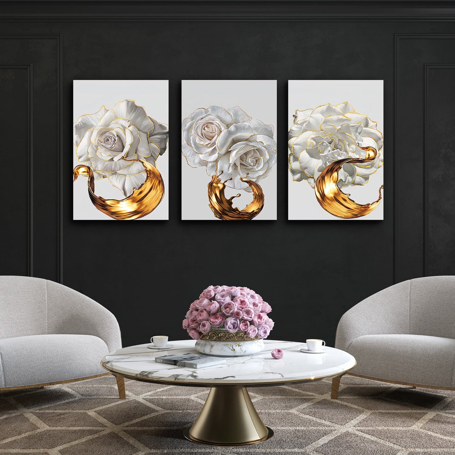 LETO White Rose With Golden Edge Modern Wall Art