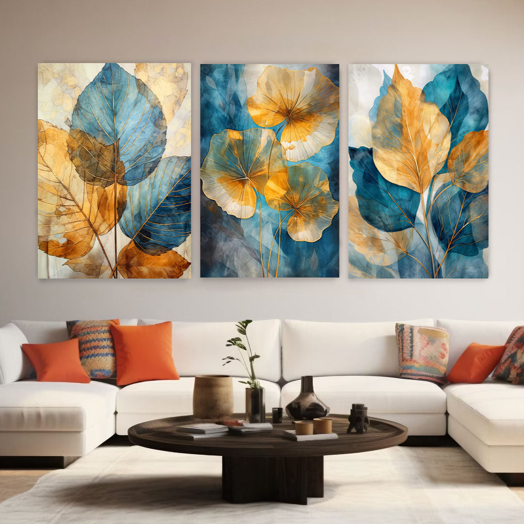 TERRA Golden Blue Foliage Modern Wall Art