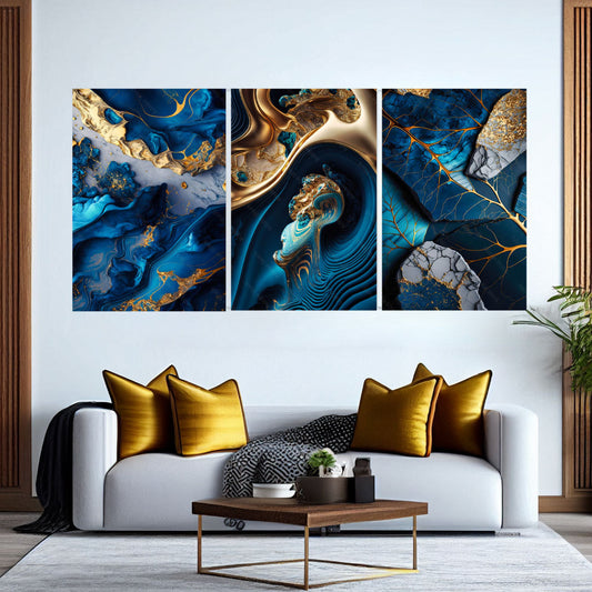 RHEA Blue And Gold Abstract Swirls Modern Wall Art